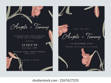 Floral wedding invitation card template design, Amaryllis
 flowers and leaves on black