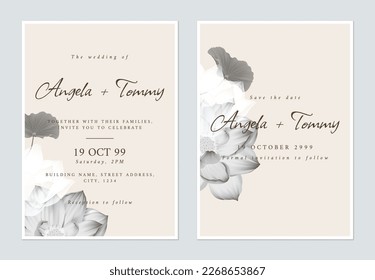 Floral wedding invitation card template design, Indian lotus flowers and leaves on brown