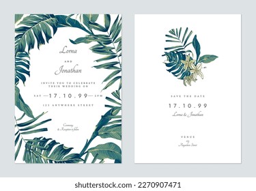 Diseño de plantillas de tarjetas de invitación a bodas florales, plantas tropicales en blanco