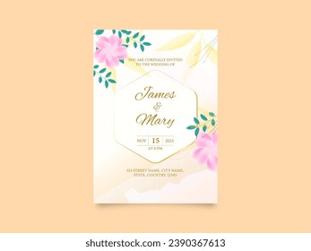 Floral Wedding Invitation Card Template Design with Event Details for Ready to Print.