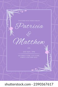 Floral Wedding Invitation Card Template Layout with Venue Details in Pastel Purple Color.