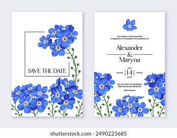 Floral wedding invitation card template design, blue forget-me-not flowers. Design with high detail, vector, realistic spring flowers. Save the Date and RSVP Collection. Template for social networks