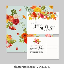 Floral Wedding Invitation Card Template Set with Autumn Flowers, Leaves and Rowanberry. Baby Shower Decoration in vector