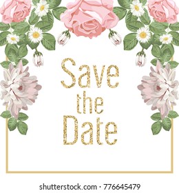 Floral wedding invitation card template with text. Chrysanthemums, chamomiles and roses with letters. Greeting card, wild flowers. Square frame background. Vector illustration.