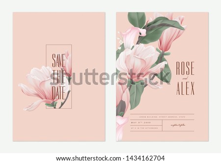 Floral wedding invitation card template design, pink Anise magnolia flowers and calla lily on light red, pastel vintage theme