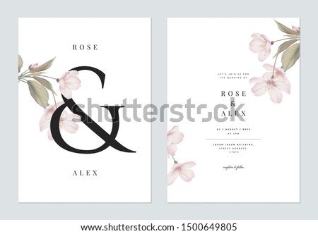 Floral wedding invitation card template design, Somei Yoshino sakura flowers with leaves with ampersand lettering on white, pastel vintage theme
