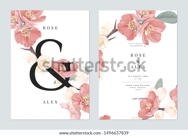 白い背景に花柄の招待状カードテンプレートデザイン ピンクの花とアンパサンド文字 パステルビンテージテーマ のベクター画像素材 ロイヤリティフリー