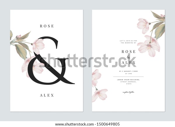 Floral wedding invitation card template\
design, Somei Yoshino sakura flowers with leaves with ampersand\
lettering on white, pastel vintage\
theme