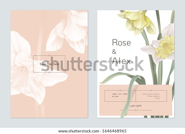 Floral wedding invitation\
card template design, daffodil flowers with leaves on bright red\
and white