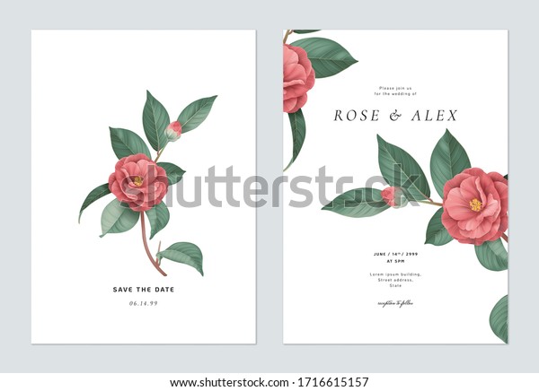 Floral wedding invitation\
card template design, red Semi-double Camellia flowers with leaves\
on white