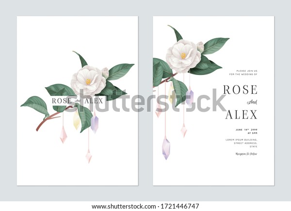 Floral wedding\
invitation card template design, white Semi-double Camellia flower\
decorated with crystals on\
white