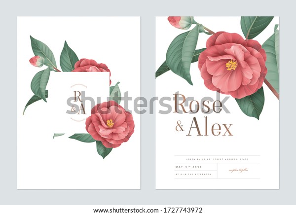 Floral wedding invitation\
card template design, red Semi-double Camellia flowers with leaves\
on white
