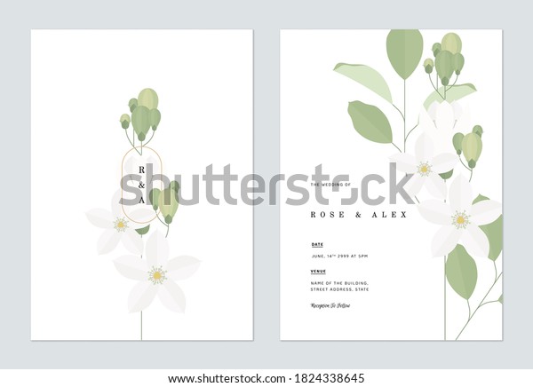 Floral wedding invitation card\
template design, orange jasmine flowers with leaves on\
white