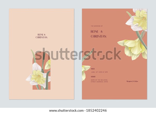 Floral wedding invitation card template\
design, Daffodil flowers with leaves on\
red