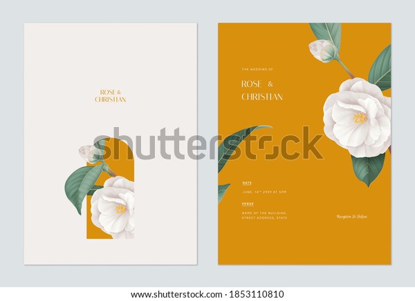 Floral wedding invitation card\
template design, white Semi-double Camellia flowers with\
leaves