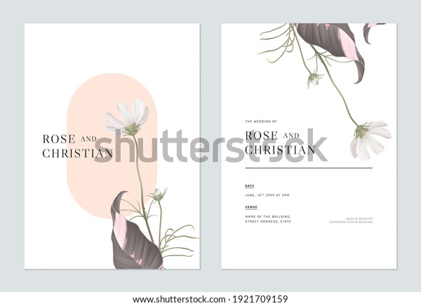 Floral wedding invitation card template design,\
white cosmos flowers with\
leaves