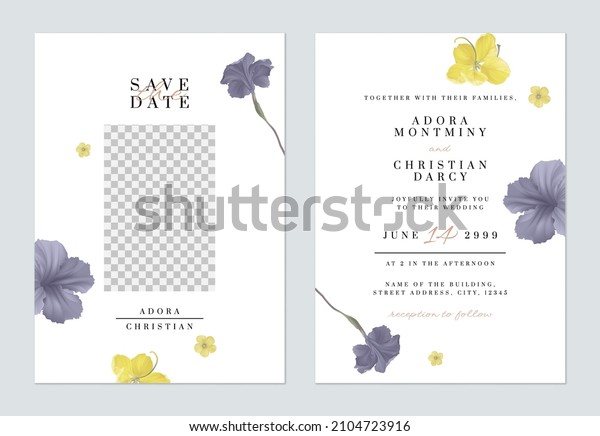 Floral wedding invitation card template, various\
flowers on white