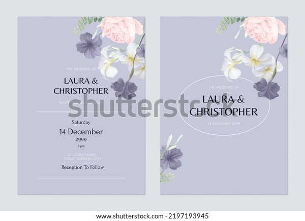 Floral wedding invitation card template design,\
various flowers and leaves on\
purple