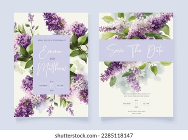 Floral Wedding invitation card. Watercolor lilac flowers. Vintage card.