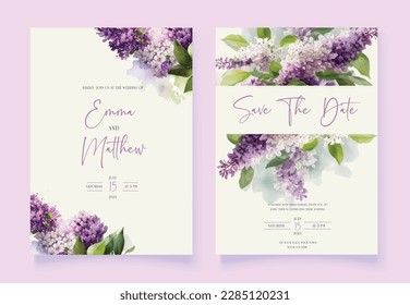 Tarjeta de invitación a la boda floral. Flores lilas acuáticas. Tarjetas de matrimonio antiguas.