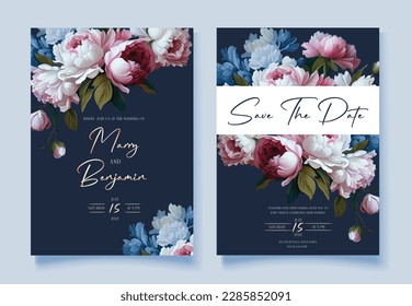 Tarjeta de invitación a la boda floral. Flores de color de agua Pyone.Vector.