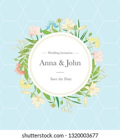 Floral Wedding invitation design with different herbs plants and flowers in circle and text template on blue background with geometric pattern. - Vector