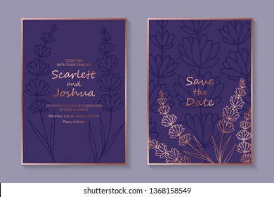 Floral wedding invitation design or greeting card templates with lavender and rose golden frames on a purple background.