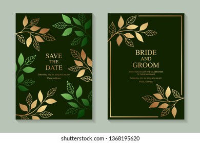 Floral wedding invitation design or greeting card templates with golden branches and leaves on a dark green background.