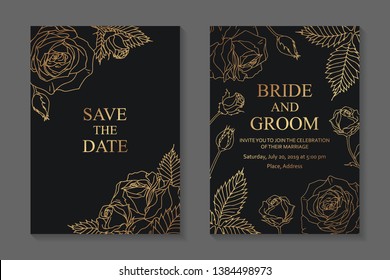 Floral wedding invitation design or greeting card templates with classic golden roses on a black background.