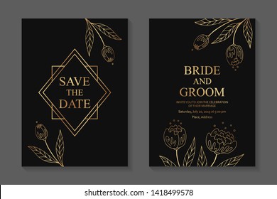 Floral Wedding Invitation Design Or Greeting Card Templates With Golden Flowers On A Black Background.