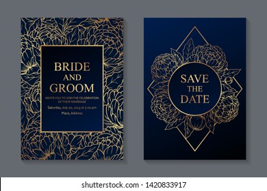 Floral wedding invitation design or greeting card templates with golden peonies on a navy blue background.