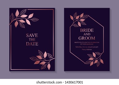 Floral wedding invitation design or greeting card templates with rose gold branches and leaves on a dark purple background.