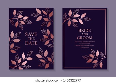 Floral wedding invitation design or greeting card templates with rose gold branches and leaves on a purple background.