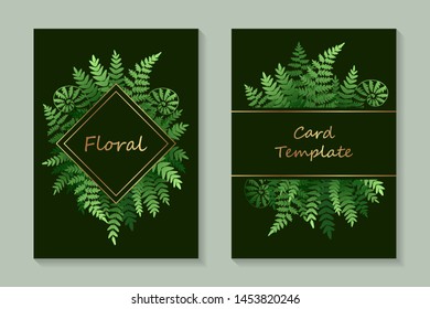 Floral wedding invitation design or greeting card templates with fern and golden text on a dark green background. 