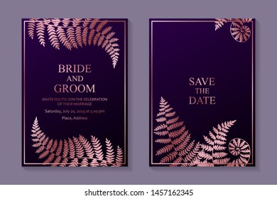 Floral wedding invitation design or greeting card templates with rose gold leaves of fern on a purple background.