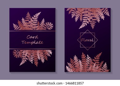 Floral wedding invitation design or greeting card templates with rose gold fern leaves on a purple background. 