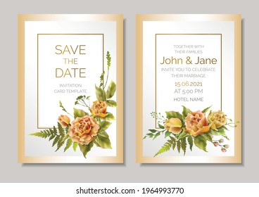 Floral wedding invitation design or greeting card templates with peach roses and herbs. Vector colorful illustration.