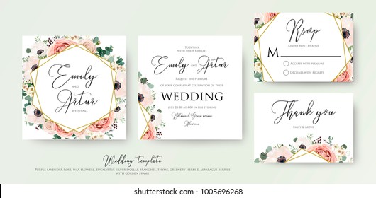 Floral Wedding Invitation Elegant Invite, Thank You, Rsvp Card Vector Design: Garden Flower Pink, Peach Rose, White Wax Anemone, Green Eucalyptus Tender Greenery, Berry Bouquet, Golden Geometric Frame