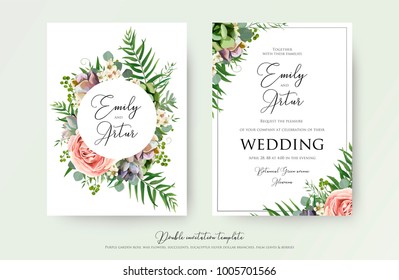 Floral Wedding Invitation elegant invite, thank you, rsvp card vector Design: garden pink, peach Rose flower, white wax, succulent, cactus plant, green Eucalyptus tender greenery, berry trendy bouquet