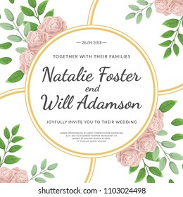 Floral Wedding Invitation elegant invite card vector Design: garden flower pink, peach Rose. Greeting card with roses, watercolor. Wedding, birthday and other holiday and summer vector background.