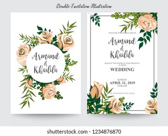 Floral Wedding Invitation elegant invite, thank you, rsvp card vector Design: garden pink, peach Rose flower, trendy bouquet