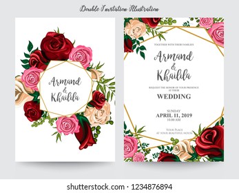Floral Wedding Invitation elegant invite, thank you, rsvp card vector Design: garden pink, peach Rose flower, trendy bouquet
