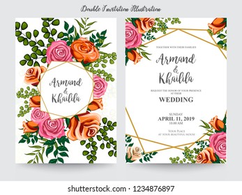 Floral Wedding Invitation elegant invite, thank you, rsvp card vector Design: garden pink, peach Rose flower, trendy bouquet