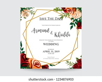Floral Wedding Invitation elegant invite, thank you, rsvp card vector Design: garden pink, peach Rose flower, trendy bouquet