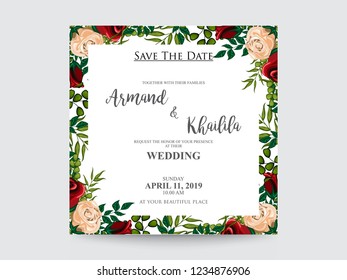 Floral Wedding Invitation elegant invite, thank you, rsvp card vector Design: garden pink, peach Rose flower, trendy bouquet