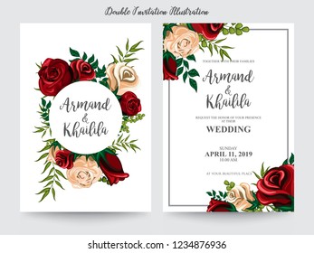 Floral Wedding Invitation elegant invite, thank you, rsvp card vector Design: garden pink, peach Rose flower, trendy bouquet