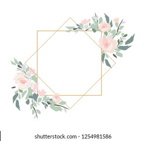Floral Wedding Invitation elegant invite card vector Design: garden flower pink, peach Rose, white wax Anemone green Eucalyptus tender greenery, berry bouquet, golden geometric print frame, copy space
