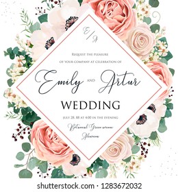 Floral Wedding Invitation elegant invite card vector design. Garden flower pink, lavender Rose, white wax dusty blush Anemone, silver green Eucalyptus leaves, berry bouquet print delicate luxury frame