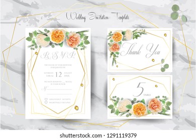 Floral Wedding Invitation elegant invite, thank you, rsvp, Save the Date card trendy Design garden flower pink peach Rose green Eucalyptus leaf greenery bouquet gold geometric frame marble background
