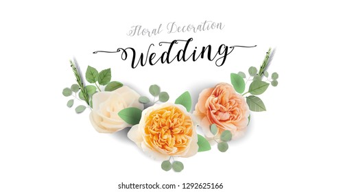 Floral Wedding Invitation elegant invite, thank you, rsvp, Save the Date, Bridal Shower, marriage day card Design garden flowers pink peach Rose, green Eucalyptus leaf greenery bouquet banner template
